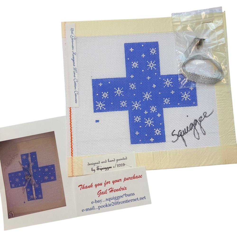 Squiggee Needlepoint Canvas Snowflake Cross Cotton Blue 2005 Hand Painted Kit